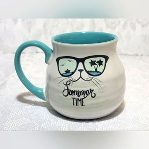 Cat Lover White Teal Handle Mug Summertime Tropical Coffee Cup Shades Whiskers